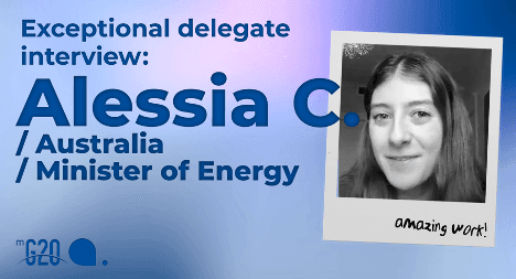 On the left is text that reads: “Exceptional delegate interview: Alessia C. / Australia / Minister of Energy” with the MG20 logo below. On the right is a polaroid picture of Alessia C. with the words “amazing work” written on it.