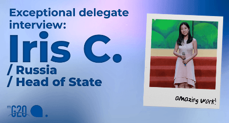 On the left, text reads: “Exceptional delegate interview: Iris C. / Russia / Head of State” and the MG20 logo. On the right is A polaroid picture of Iris Chen with the words “amazing work!” handwritten on it.