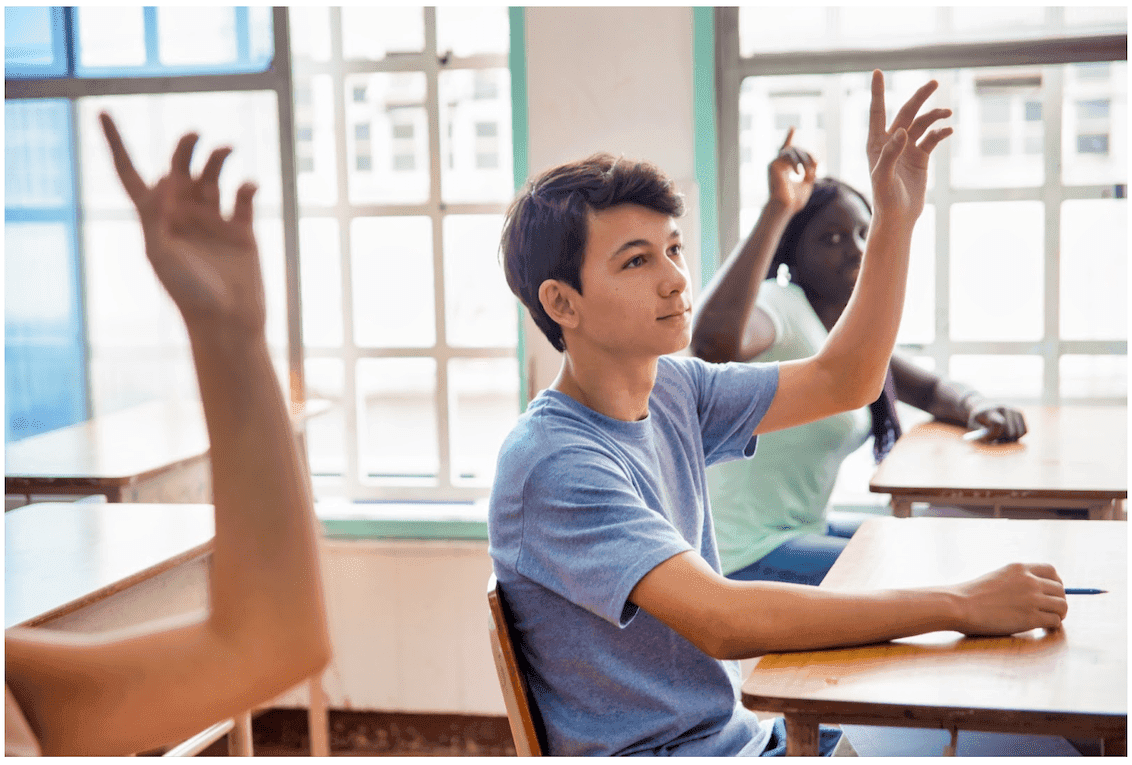 high school student raising his hand in an advanced placement class (AP class)