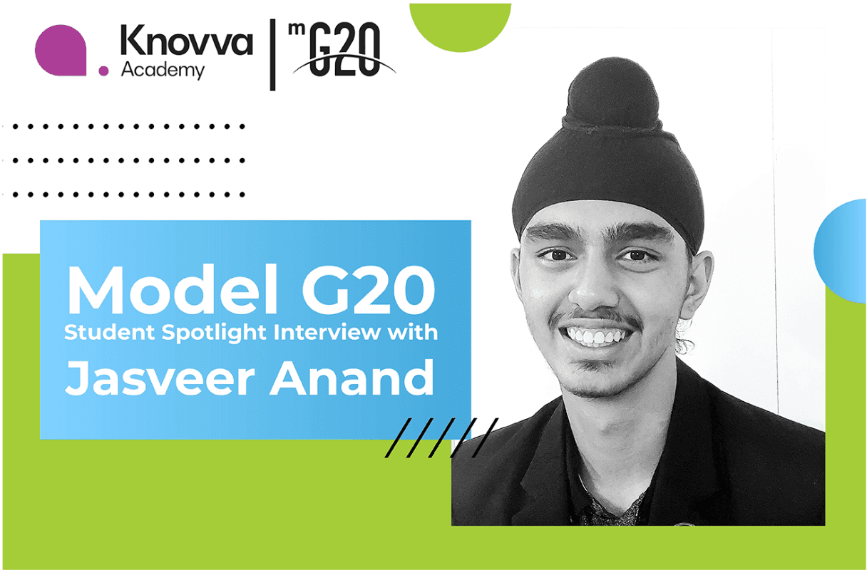 Image of Model G20 student alumni Jasveer Anand on his position paper with text reading “Model G20 Student spotlight Interview with Jasveer Anand